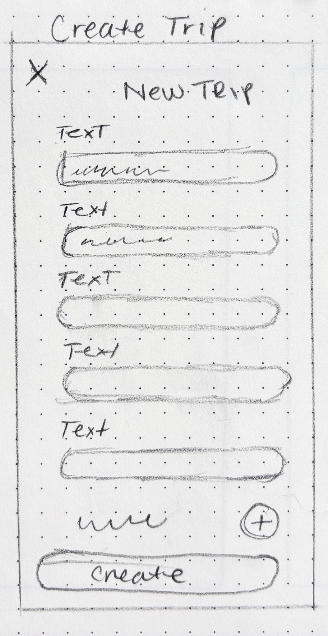 Low fidelity wireframe of the Create Trip screen