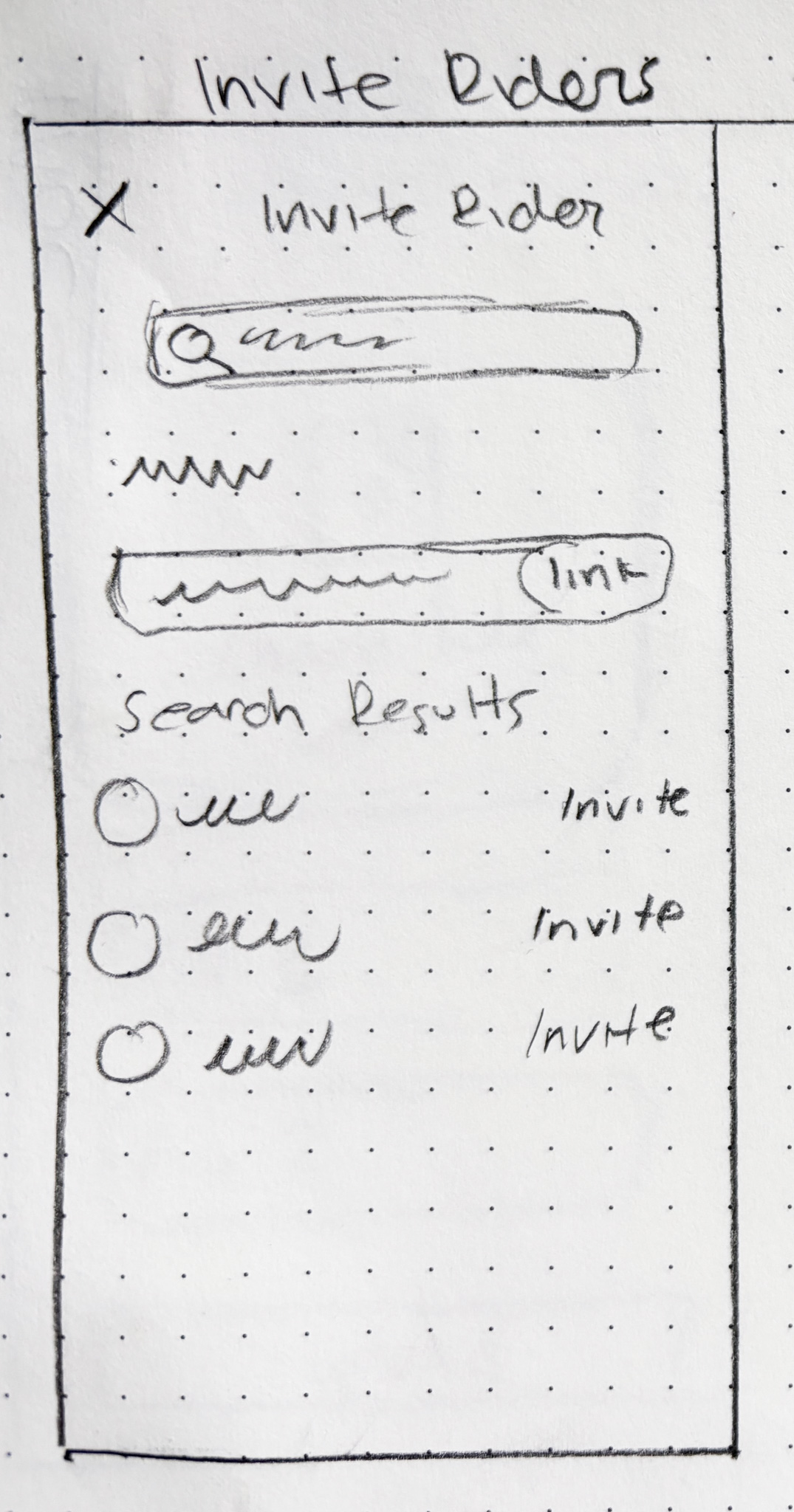 Low fidelity wireframe of the Invite Riders screen