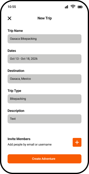 Mid fidelity wireframe of the Create New Trip screen