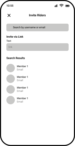 Mid fidelity wireframe of the Invite Riders screen