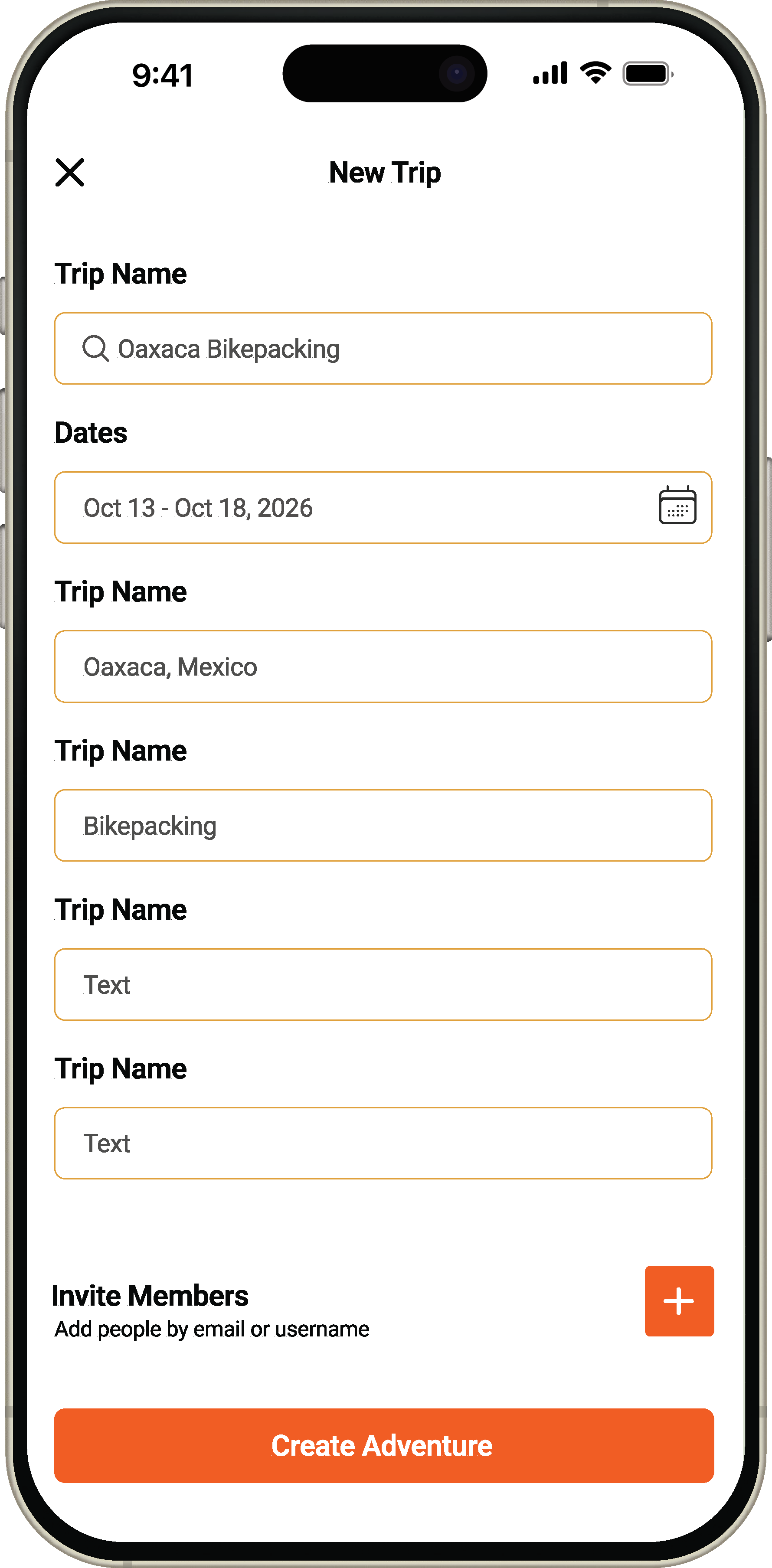 Prototype of the Create New Trip screen