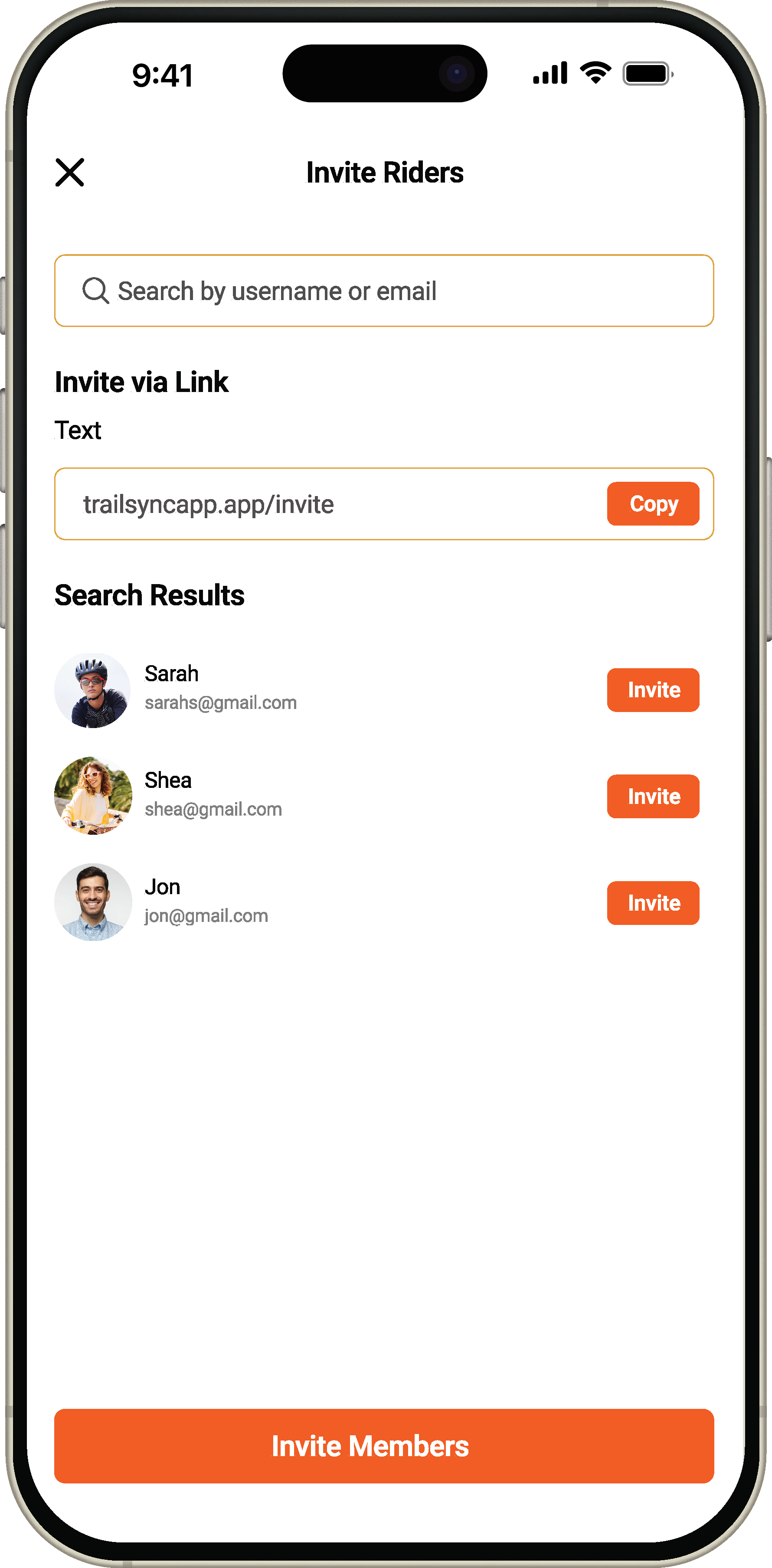 Prototype of the Invite Riders screen