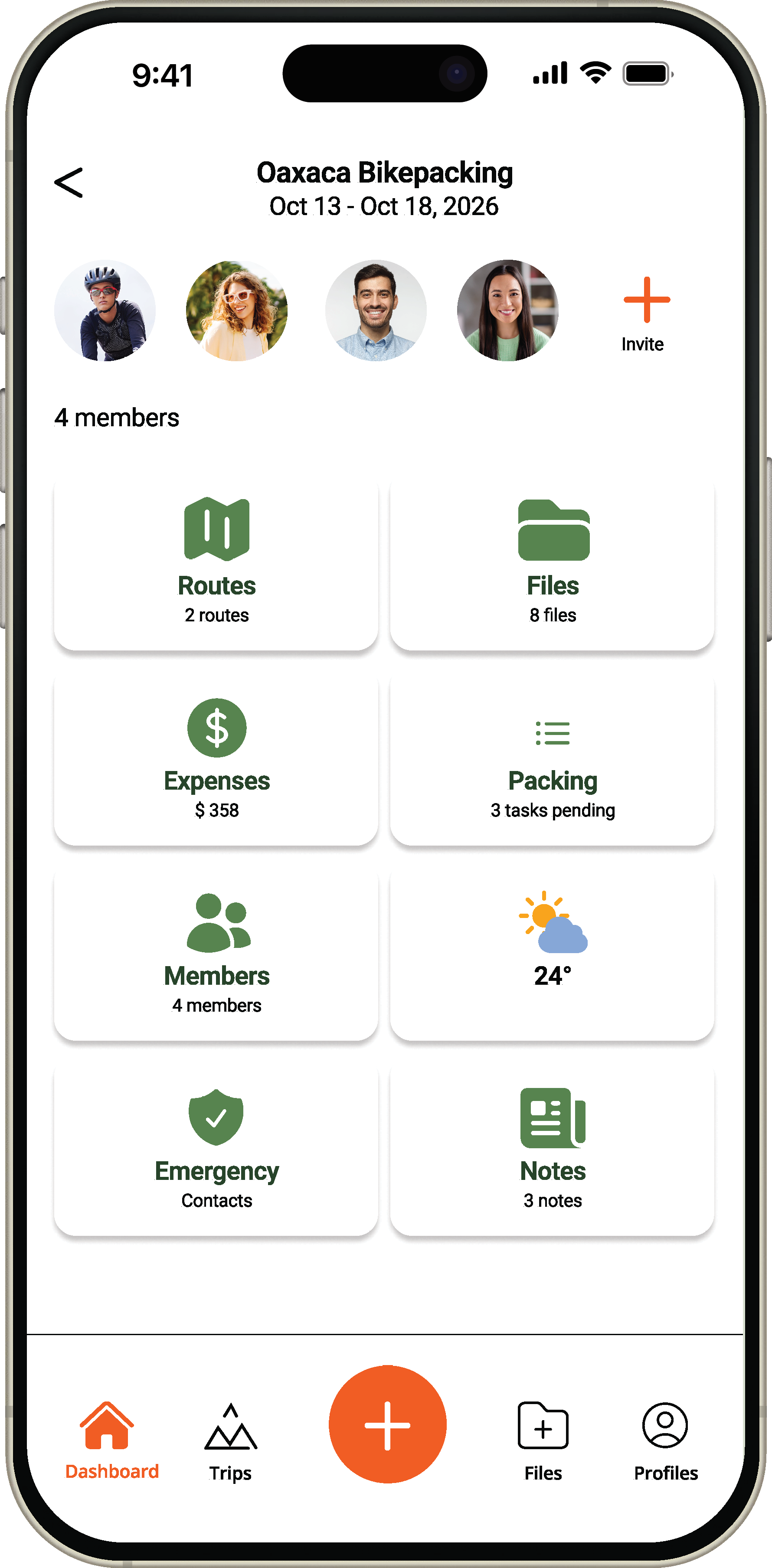 TrailSync Trip Workspace screen showing routes, files, expenses, packing, members, and weather